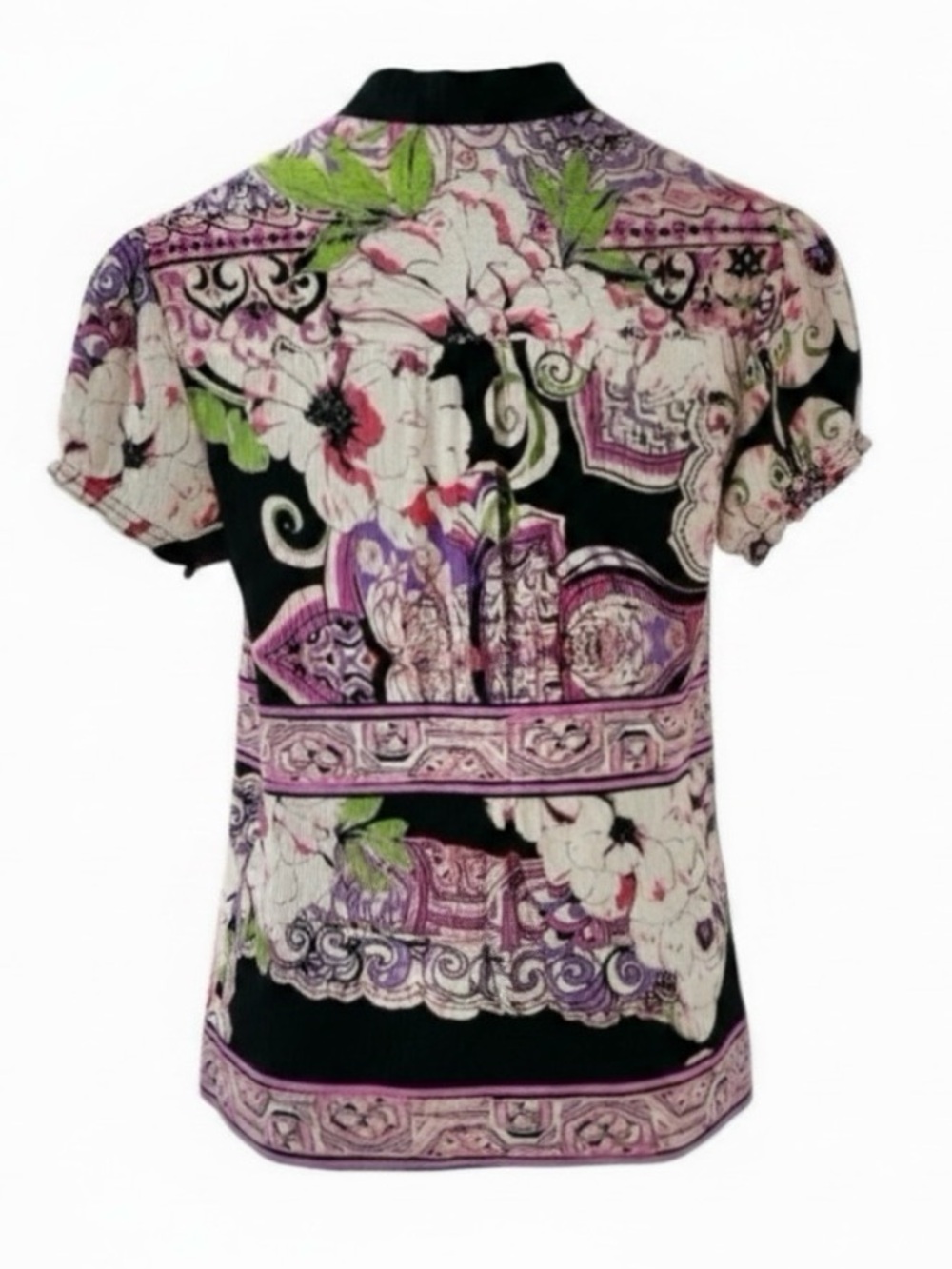 Bebe Pink & Black Floral Print V-Neck Wrap Short Sleeve Silk Blouse Size Medium - Picture 2 of 9